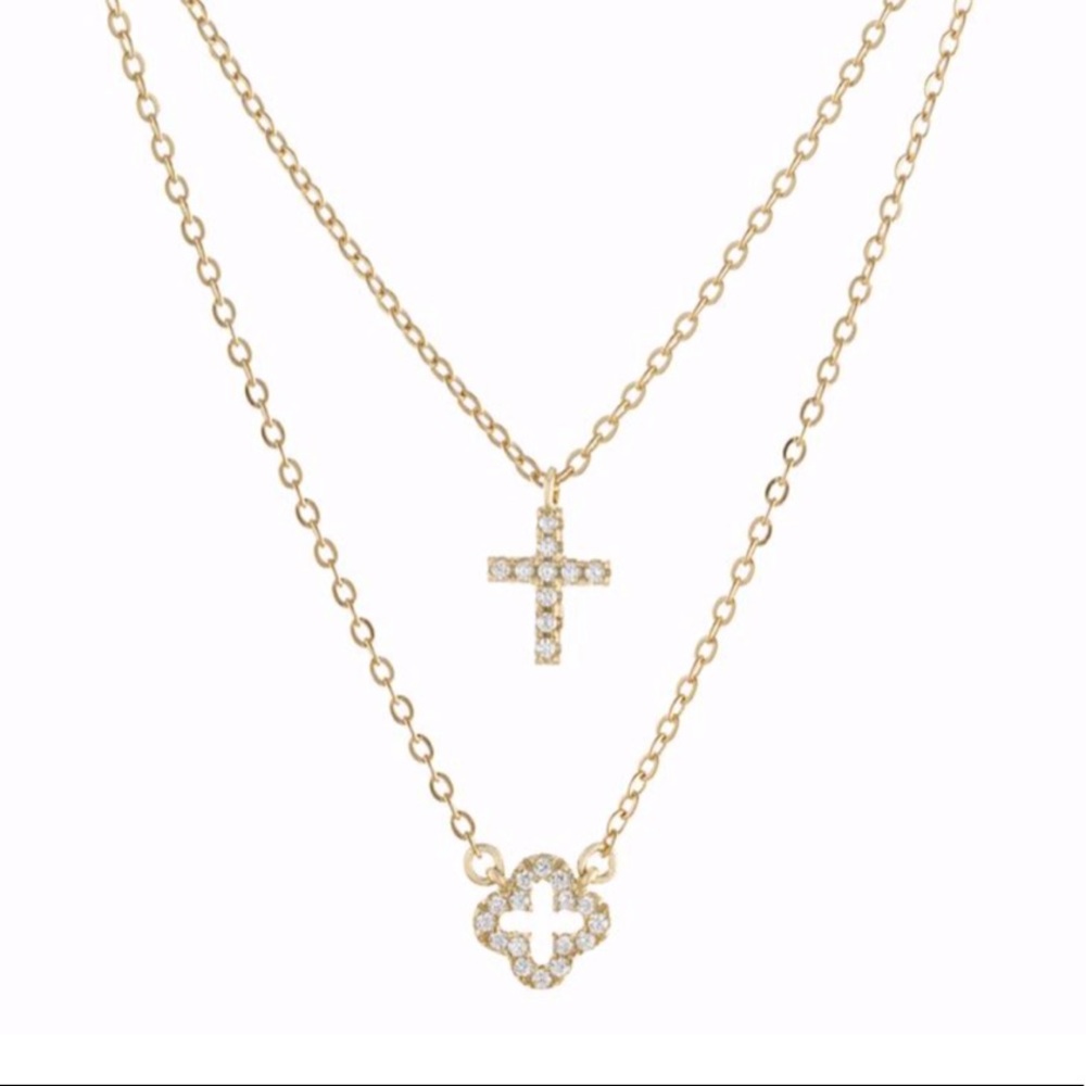 Cross clover double necklace